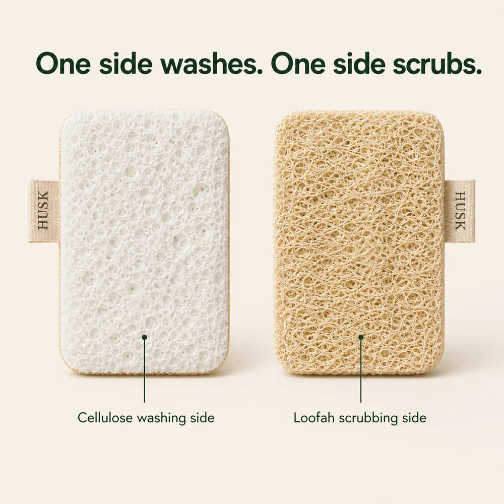 The tan loofah and white cellulose surfaces of the HUSK sponge