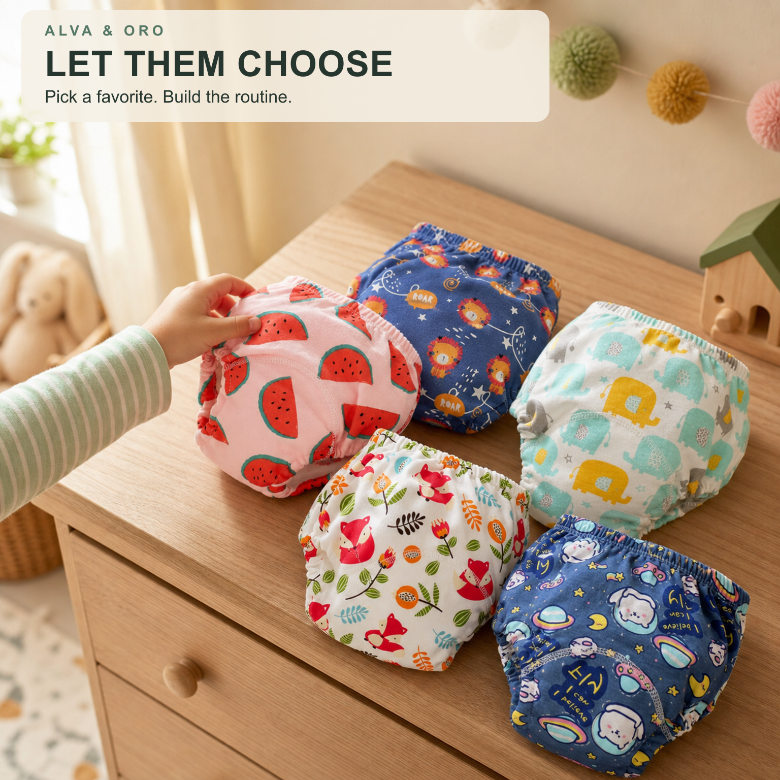 Child choosing a favorite playful underwear print