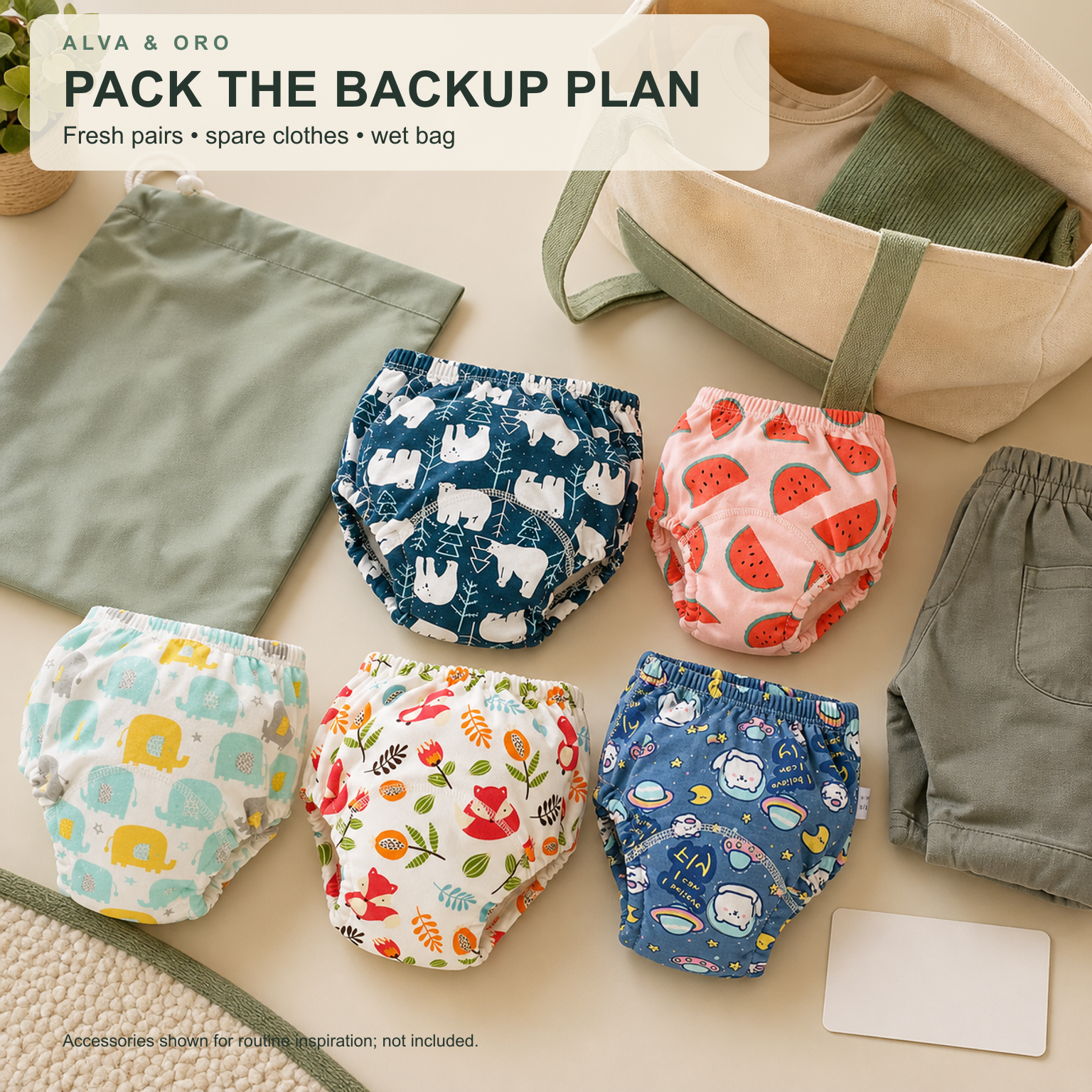 Daycare bag packed with spare potty training underwear and clothes