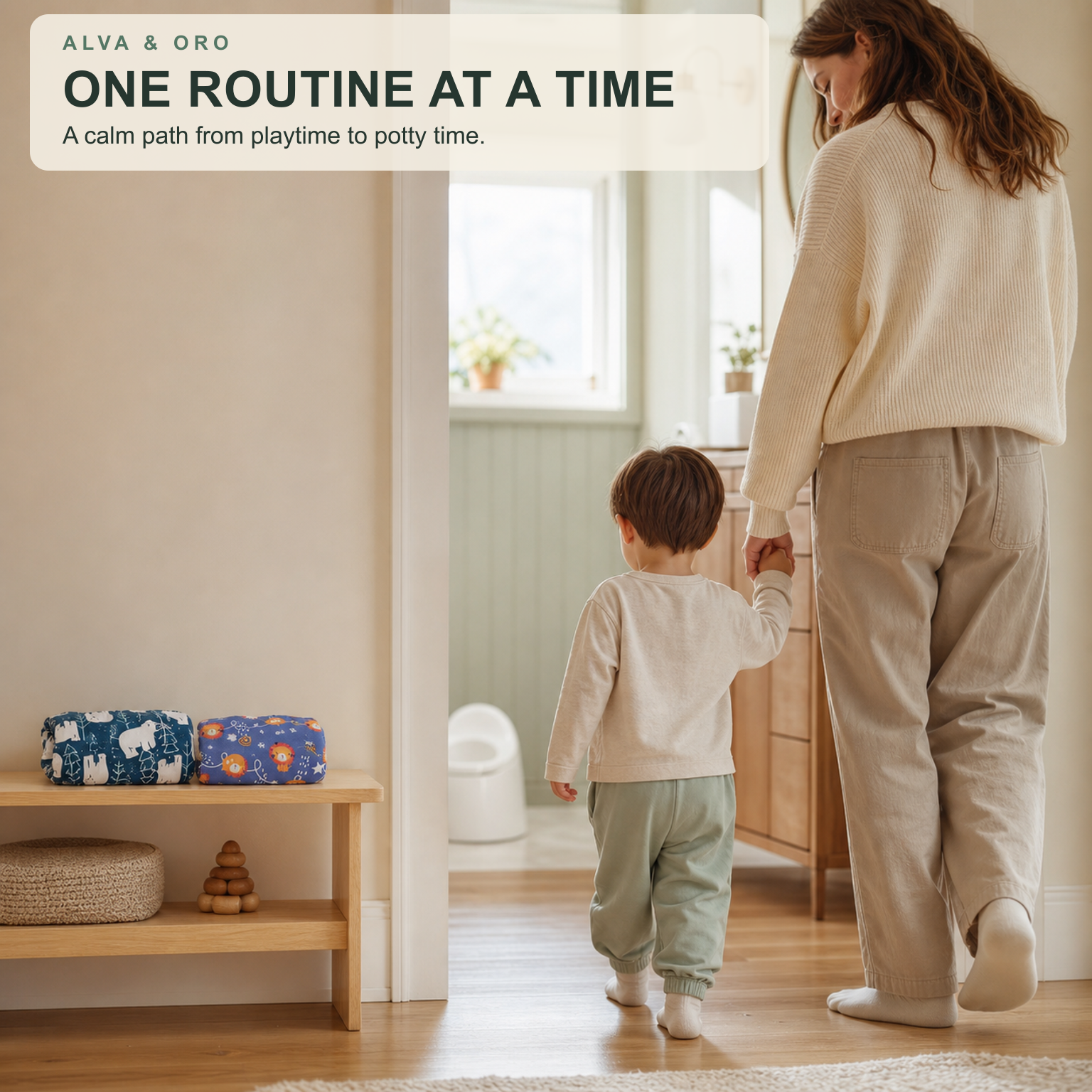 Parent supporting a toddler during a calm potty learning routine