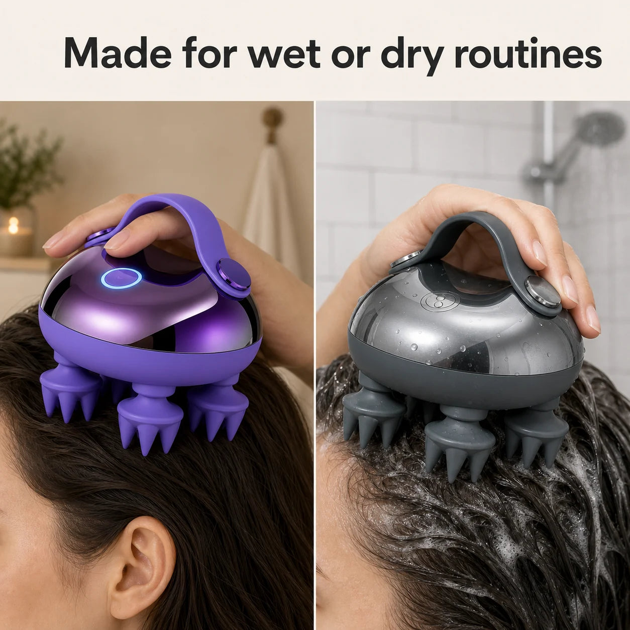 Massager pictured in wet and dry routines