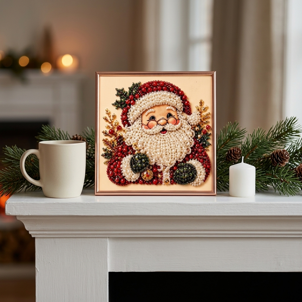Framed 6 inch Santa pearl art picture on a mantel next to a coffee mug and a candle