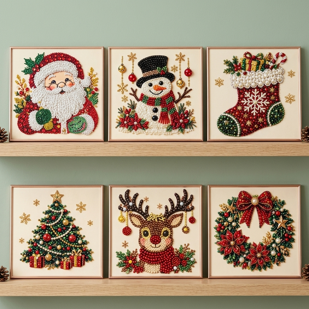 All six designs on shelves: Santa, Snowman, Stocking, Tree, Reindeer and Wreath