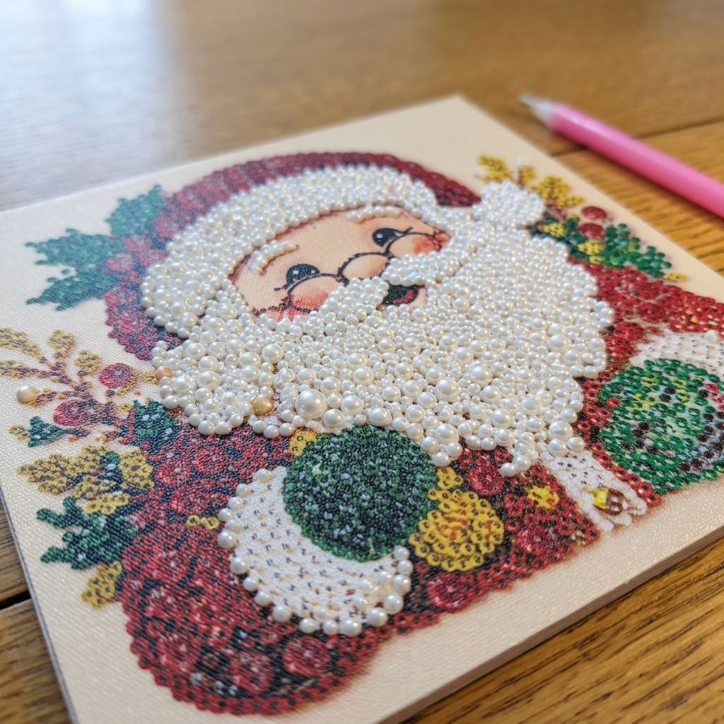 Close-up of raised pearls being placed on a Santa canvas