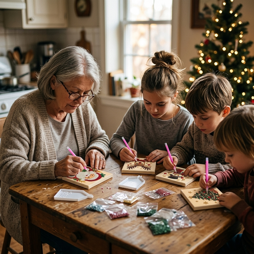 Grandmother and three grandchildren each making a small pearl picture at the kitchen table