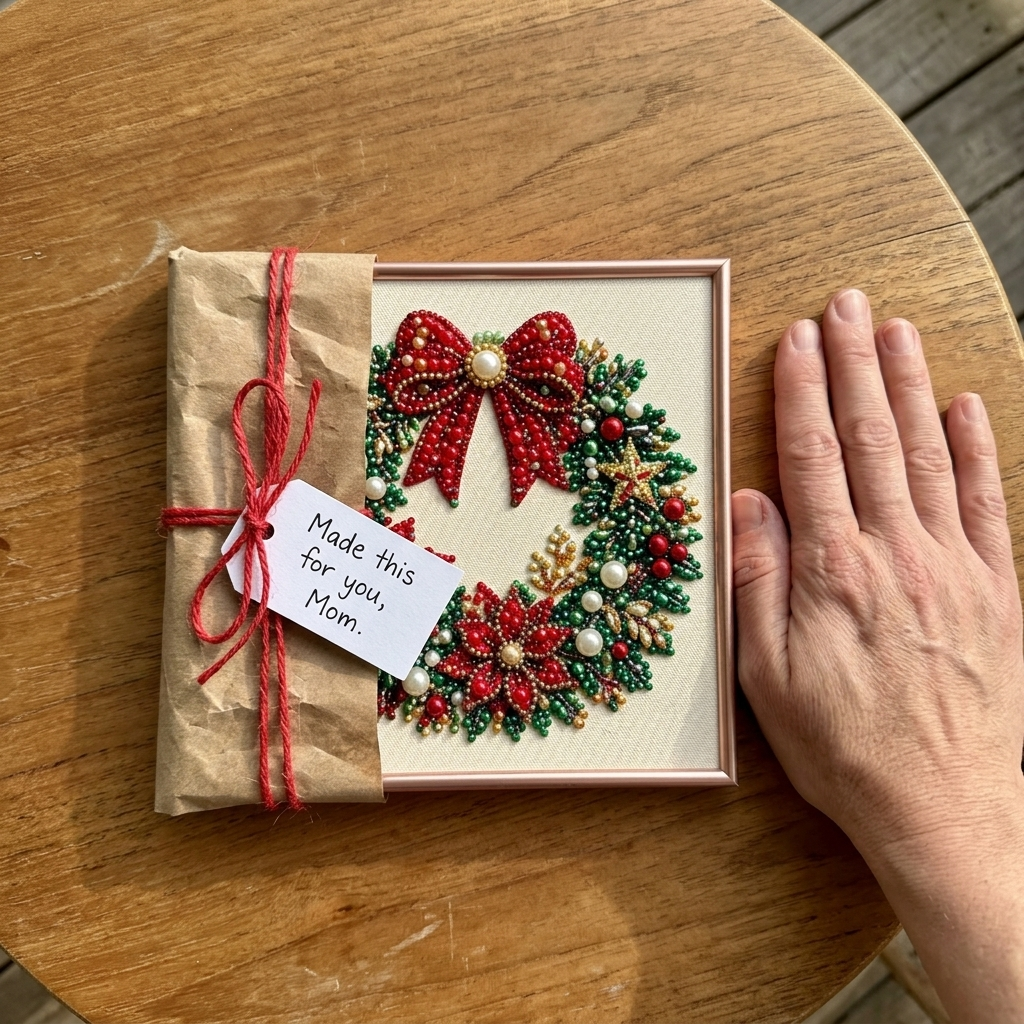 Framed Wreath picture half-wrapped in kraft paper with a gift tag, next to a hand for size