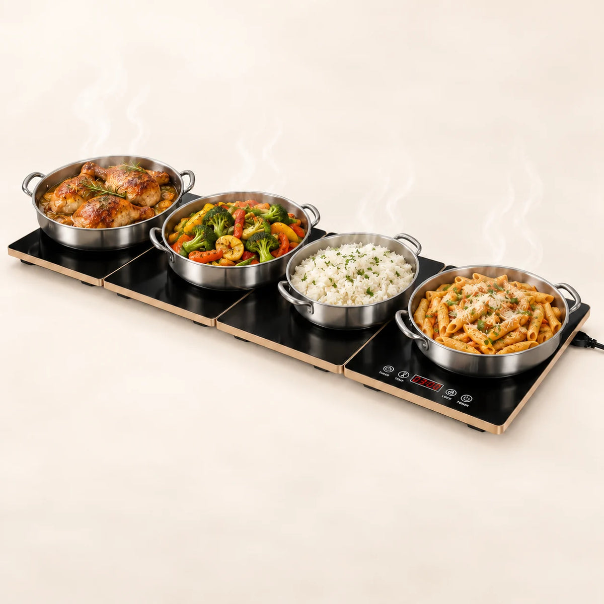 Four-panel food warming tray holding serving dishes