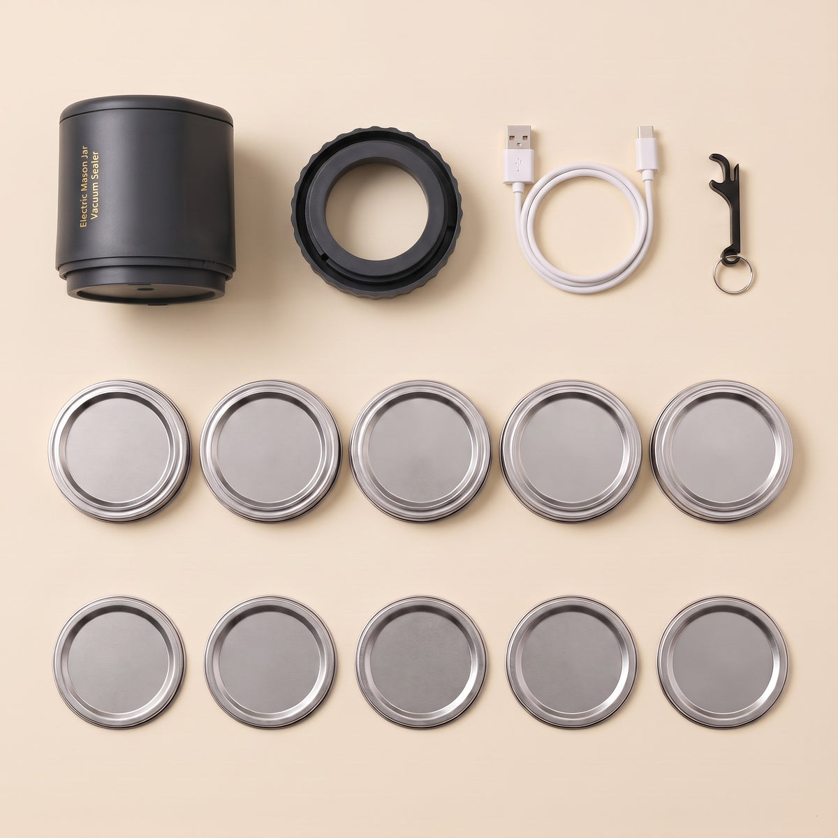 What's in the box, black: sealer, adapter ring, 10 lids, opener, USB cable