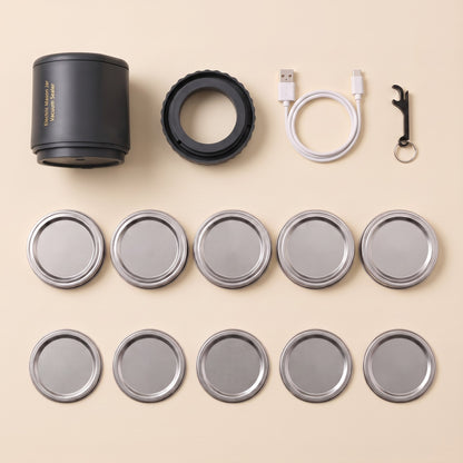 What's in the box, black: sealer, adapter ring, 10 lids, opener, USB cable