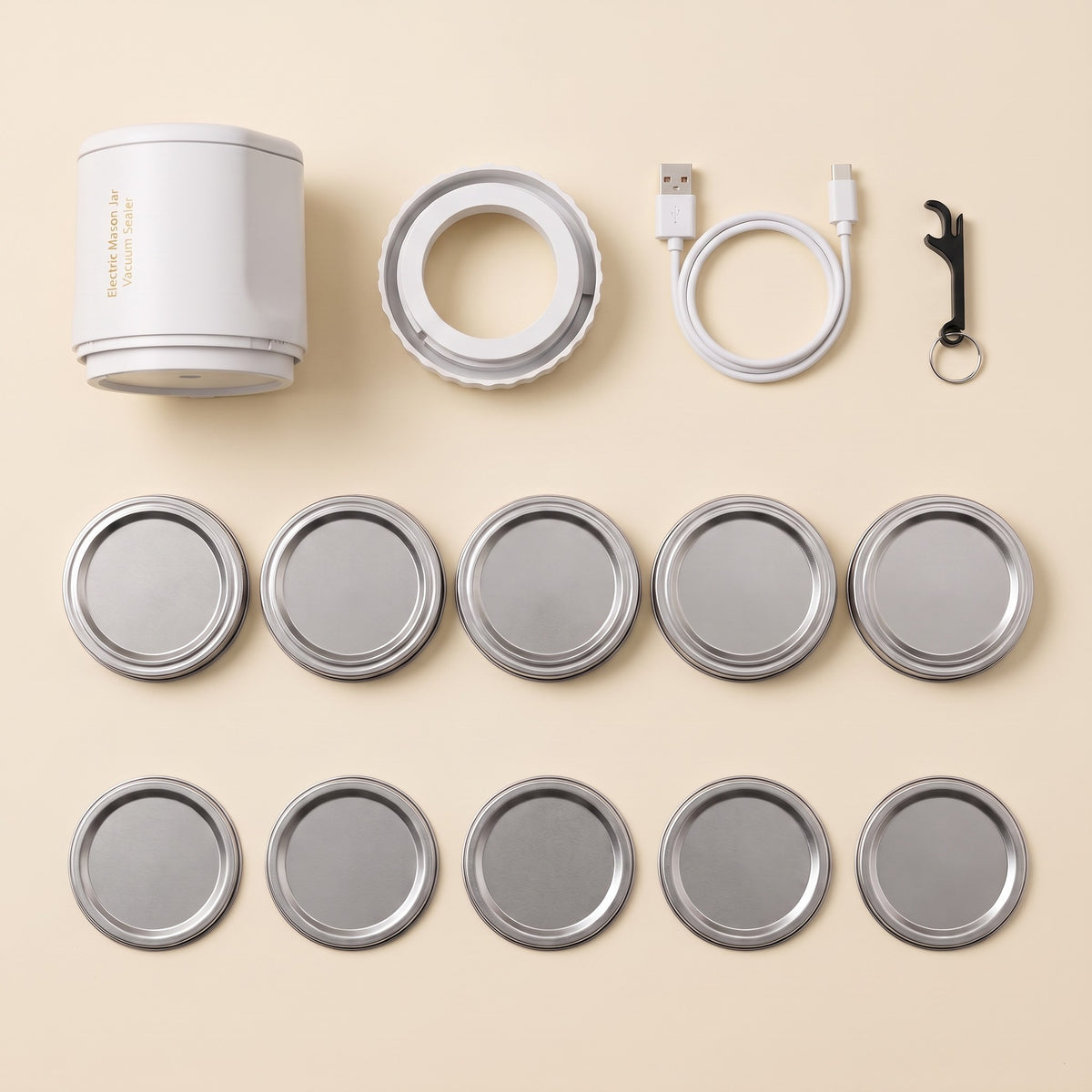What's in the box, white: sealer, adapter ring, 10 lids, opener, USB cable