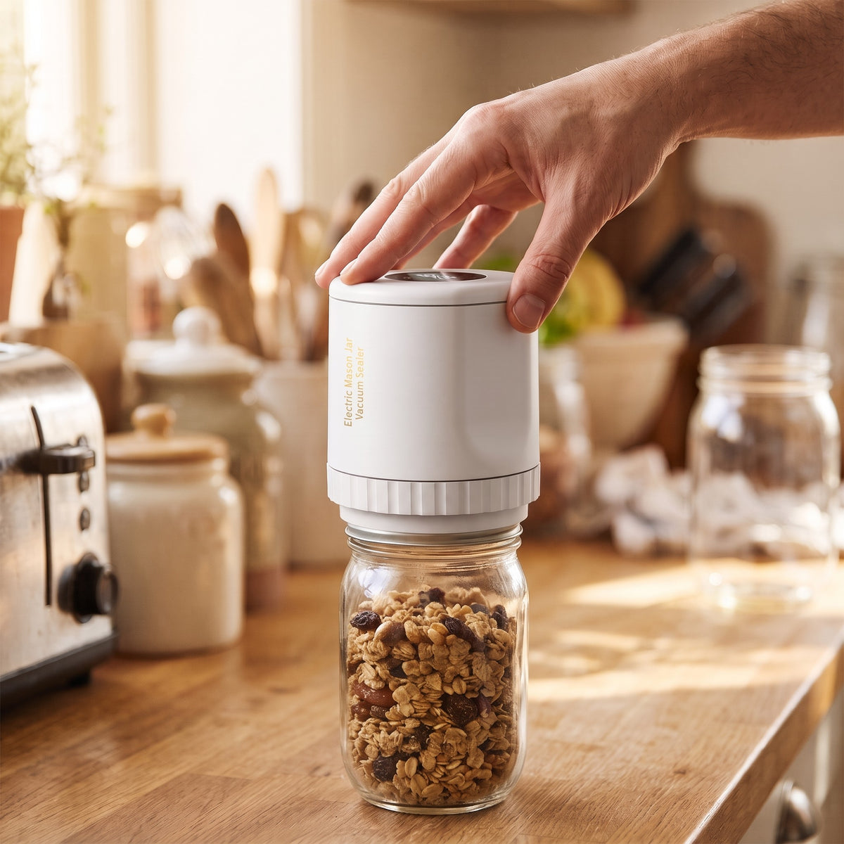 Pressing the sealer on a jar of granola