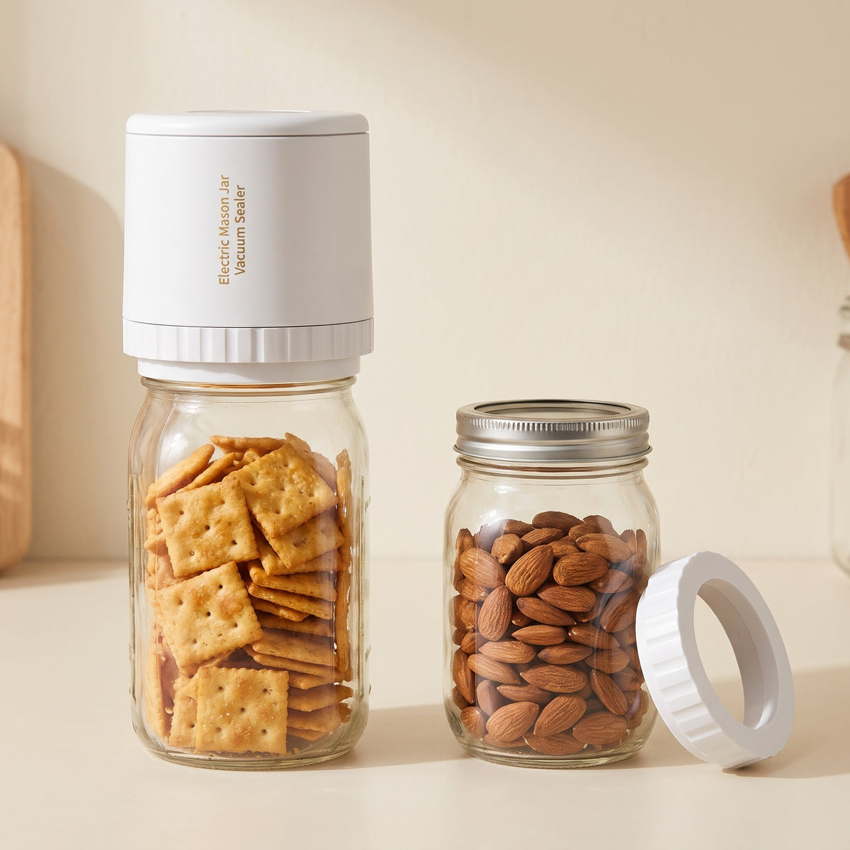 The sealer with its adapter ring next to wide-mouth and regular-mouth Mason jars