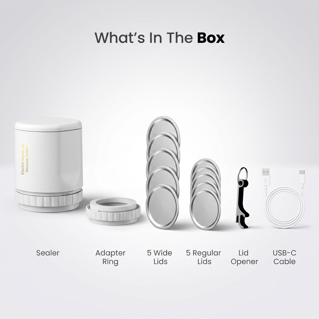 What's in the box: sealer, adapter ring, 5 wide lids, 5 regular lids, lid opener, USB-C cable