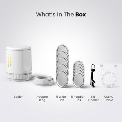 What's in the box: sealer, adapter ring, 5 wide lids, 5 regular lids, lid opener, USB-C cable