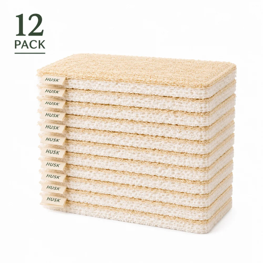 Twelve HUSK kitchen sponges arranged as a complete pack