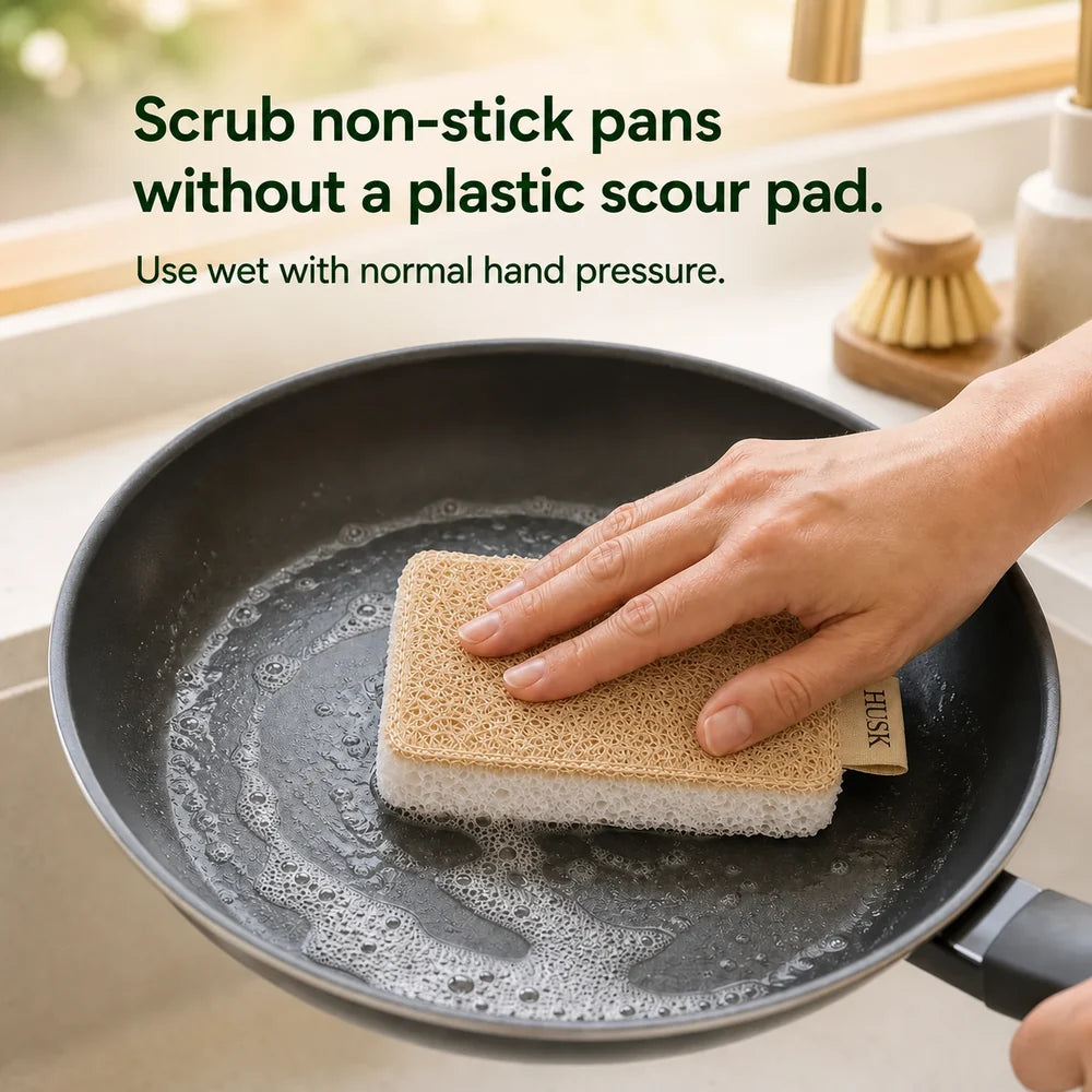 Wet HUSK sponge used with normal hand pressure on non-stick cookware