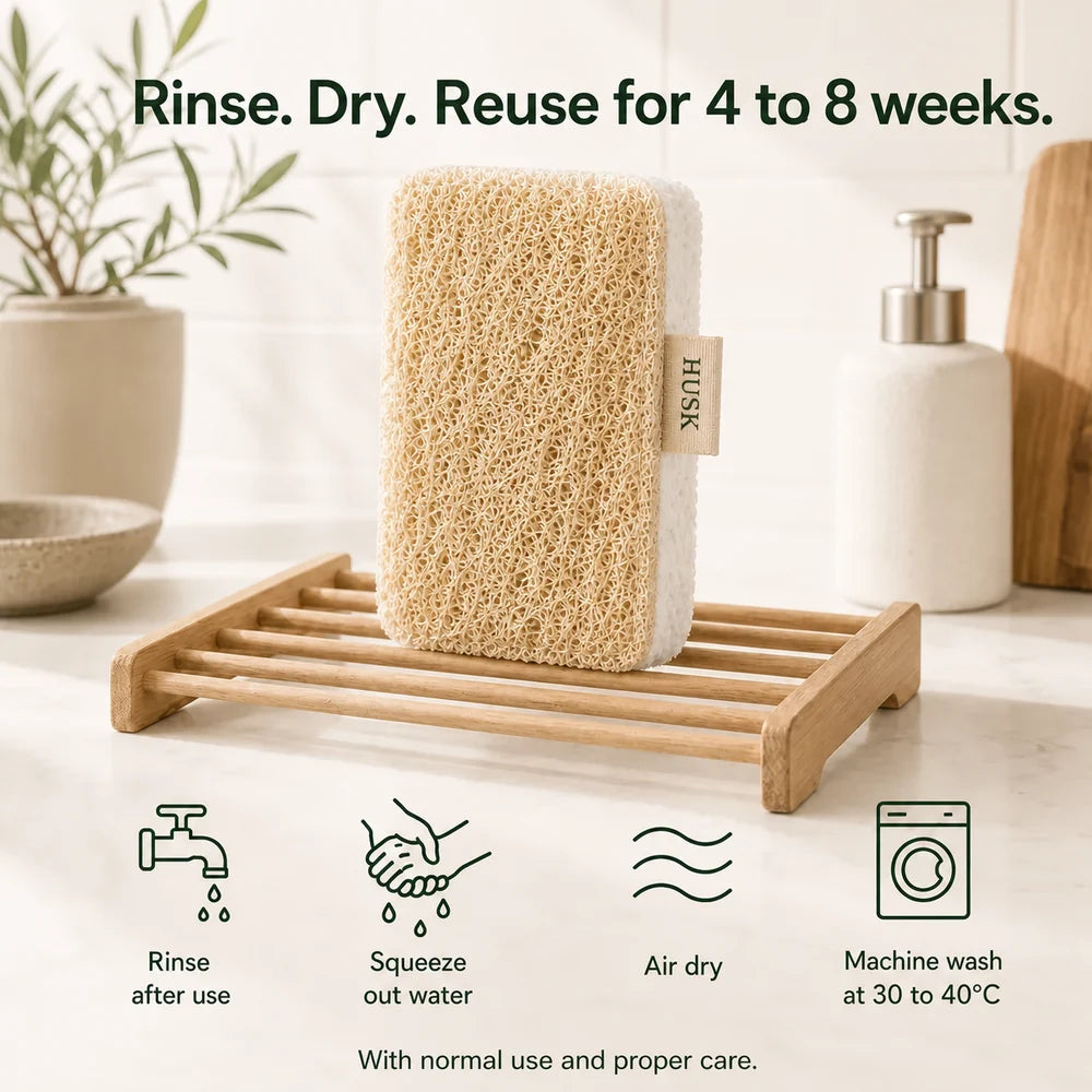 Simple rinse, squeeze and air-dry care steps for the HUSK sponge