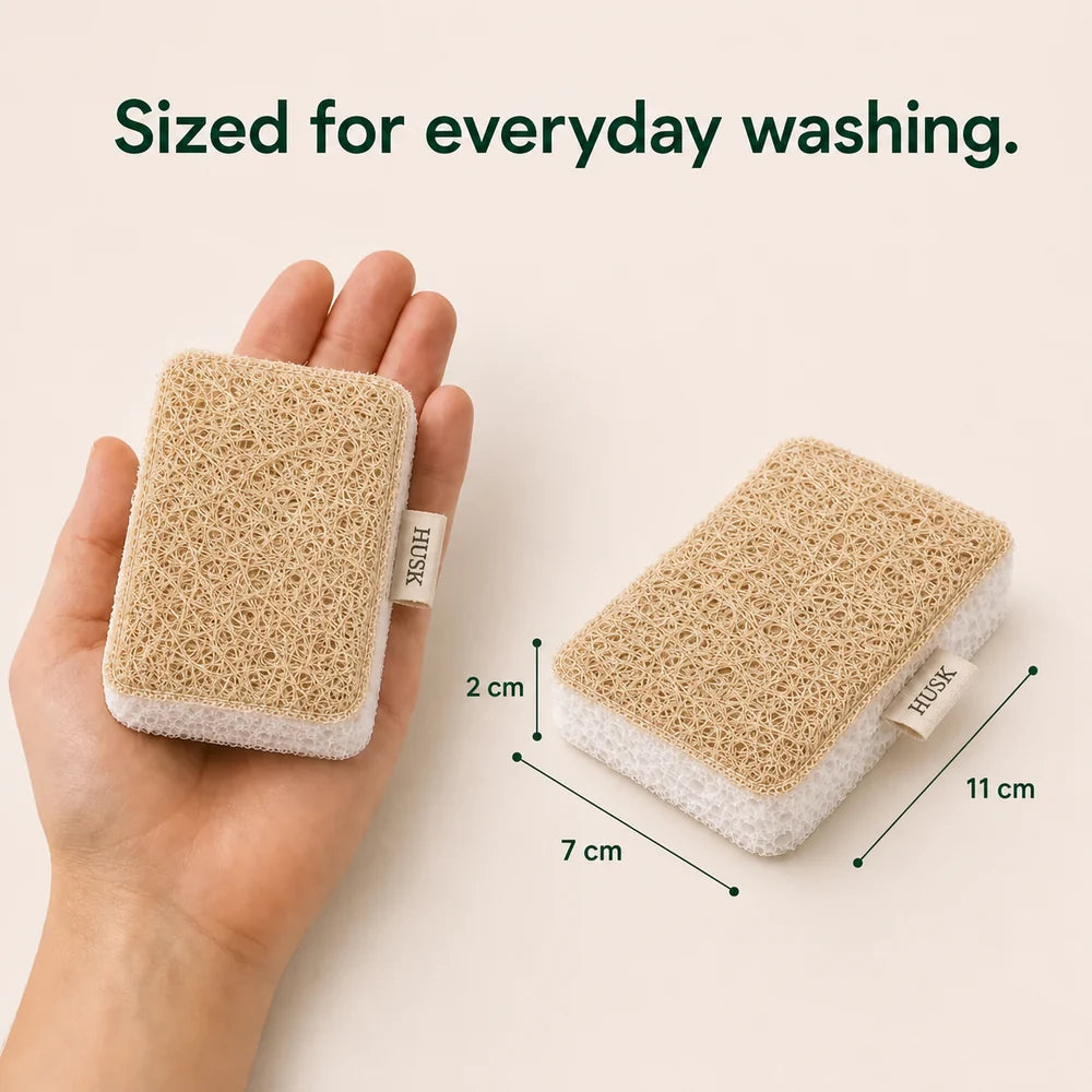 HUSK sponge dimensions shown as 11 by 7 by 2 centimetres