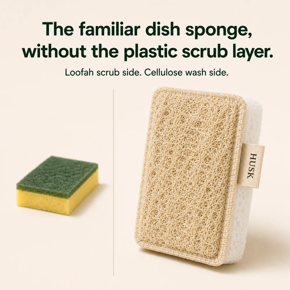 HUSK loofah scrub layer compared with a familiar plastic scour layer