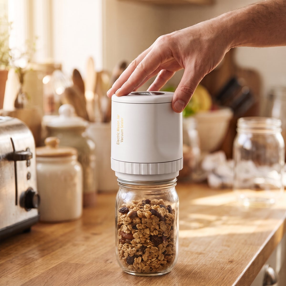A hand pressing the top of the sealer on a jar of granola