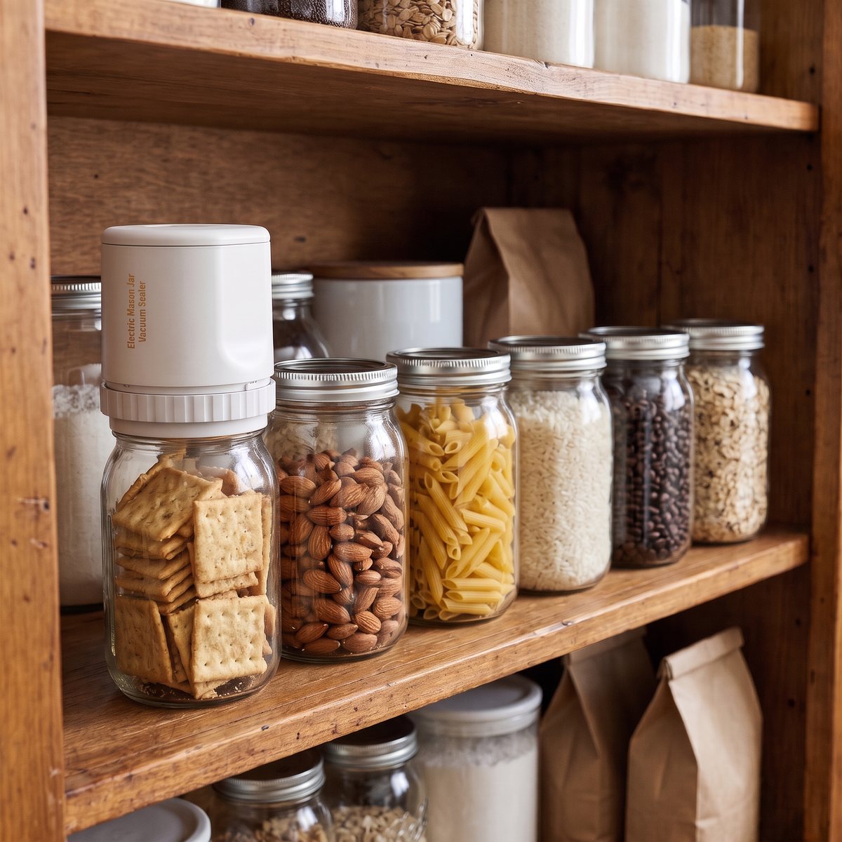 Pantry shelf of glass jars with the sealer on a jar of crackers