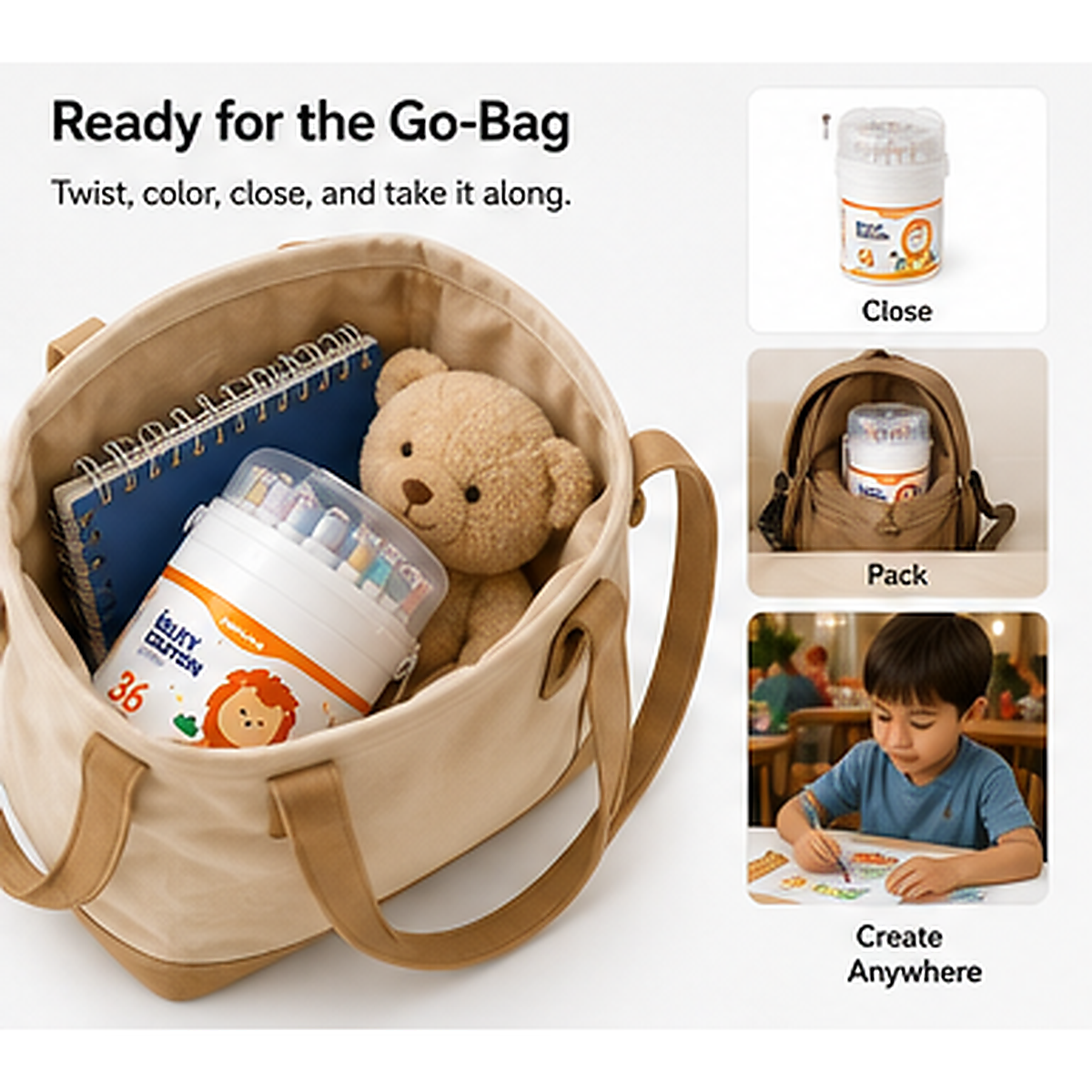Portable silky crayon set ready for a family go-bag