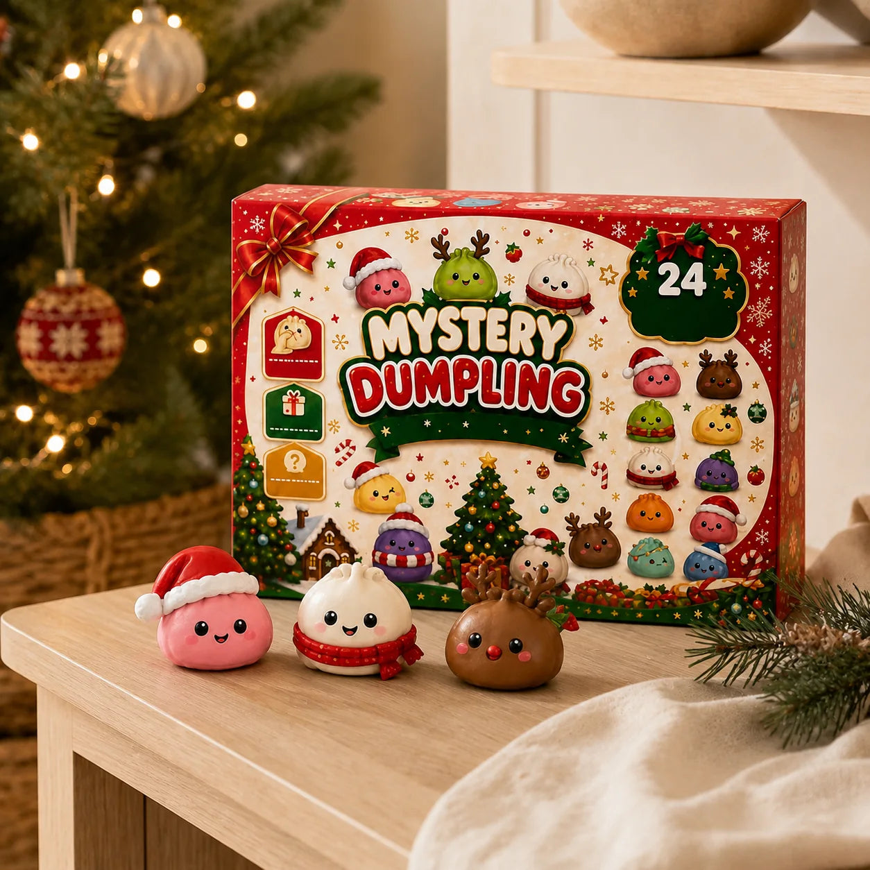 Christmas Mystery Dumpling calendar with three festive squishy characters