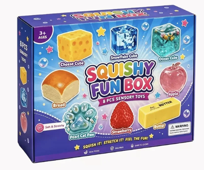 Squishy Fun Box package showing eight included designs